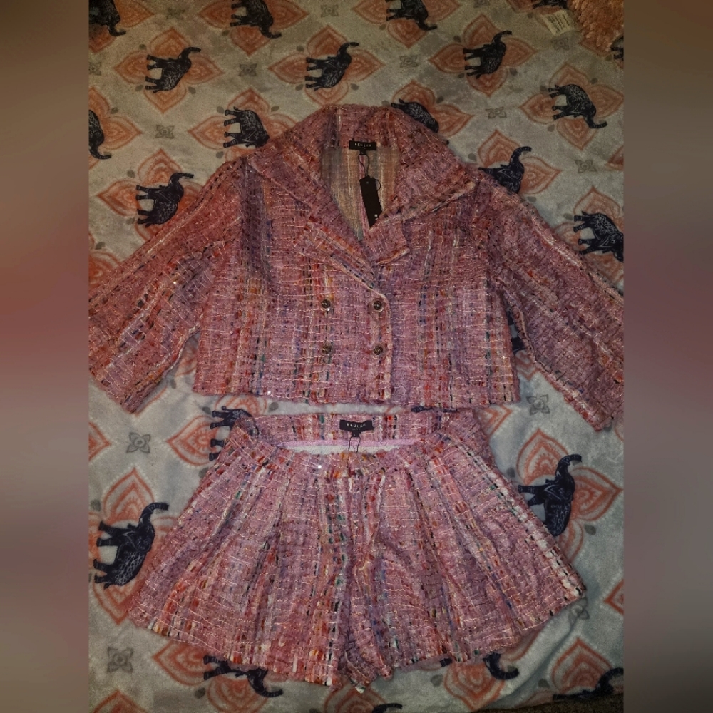 Pink jacket and shorts outfit
